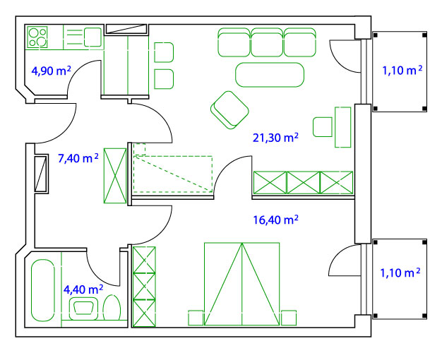 PLAN 2-ZIMMER-APARTMENT - 55 qm